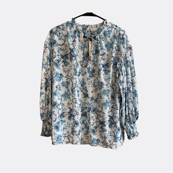Alice + Olivia Julius Top NWT Women's Small Silk Floral Tie Neck Blouson Sleeve - Picture 2 of 5